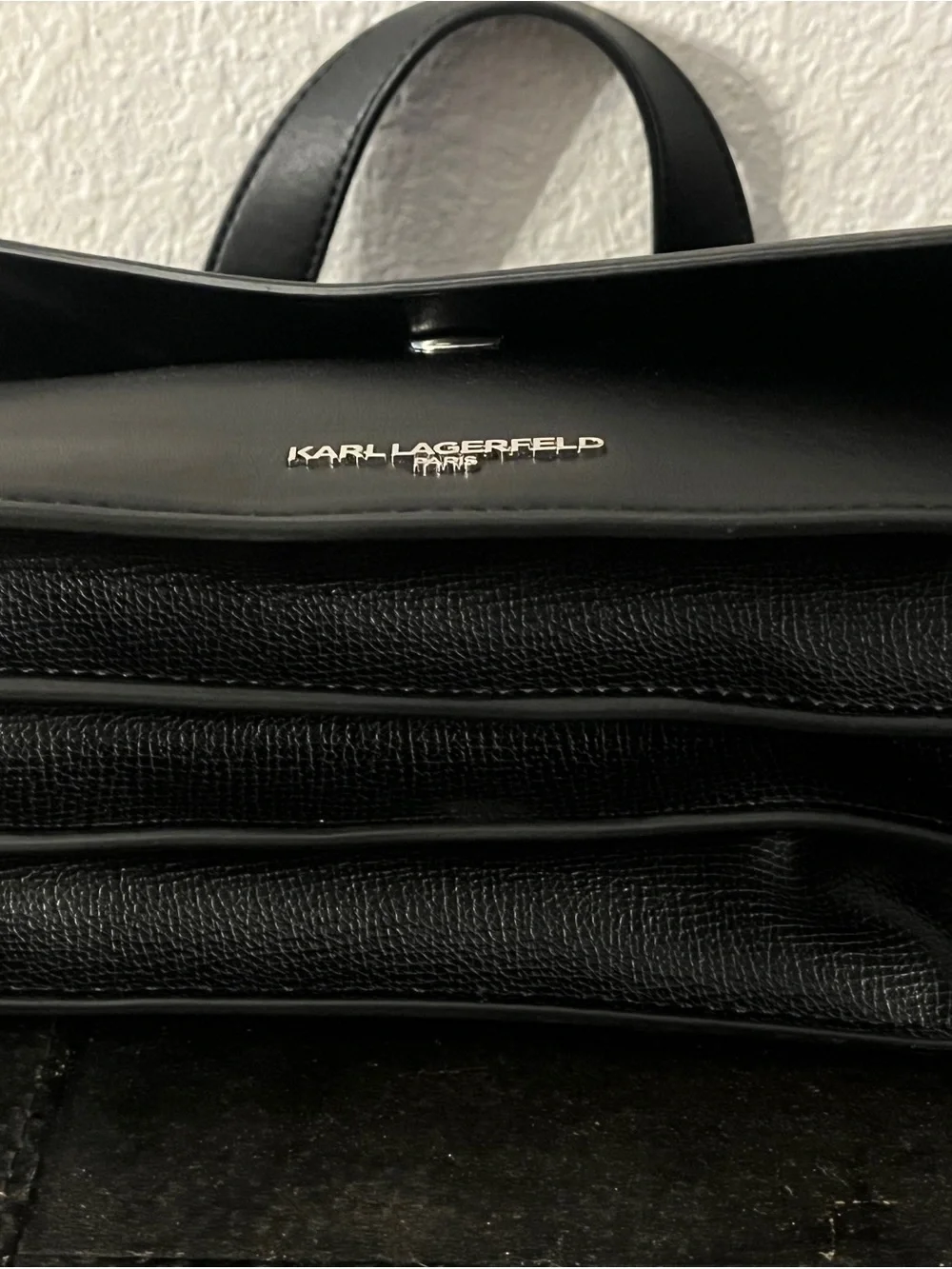 Karl Lagerfeld Black Structured Crossbody Satchel with Top Handle and Bow Accent